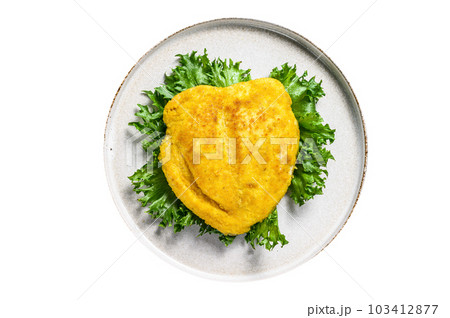 Breaded German Weiner Schnitzel. Isolated on white background. 103412877