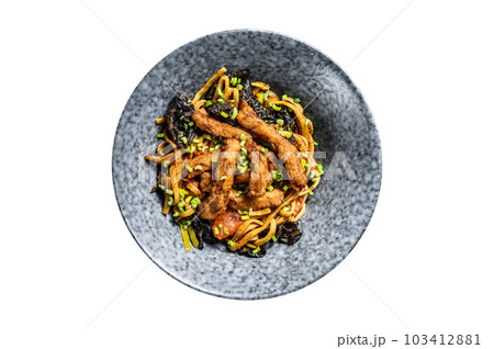Udon stir fry noodles with pork meat and vegetables. Isolated on white background. Udon stir fry noodles with pork meat and vegetables. Isolated on white background. 103412881