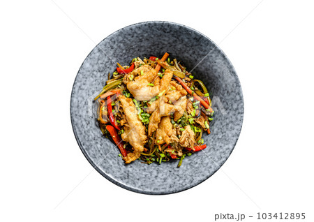 Crystal Noodles wok with pork fillet. Isolated on white background. Crystal Noodles wok with pork fillet. Isolated on white background. 103412895