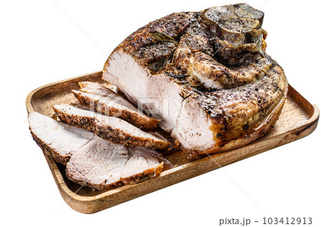 Roast sliced pork knuckle. Leg meat. Isolated on white background. Roast sliced pork knuckle. Leg meat. Isolated on white background. 103412913