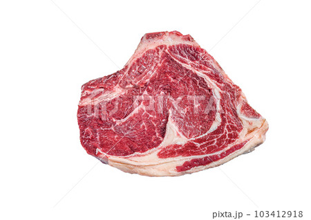 Raw cowboy steak or rib eye on the bone. Marble beef. Isolated on white background. 103412918