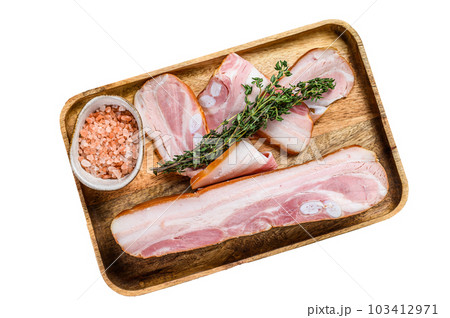 Pork belly with skin, cut slices. Isolated on white background. 103412971