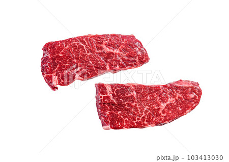 Raw Denver steak. Organic beef meat. Isolated on white background. 103413030