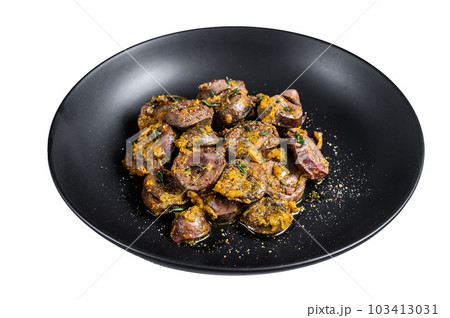 Stew with turkey hearts and onion. Isolated on white background. 103413031