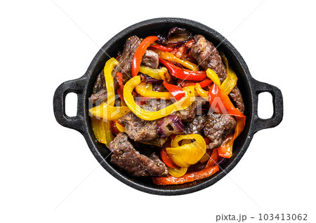 Fajitas beef meat traditional Mexican food dish in a pan. Isolated on white background. Fajitas beef meat traditional Mexican food dish in a pan. Isolated on white background. 103413062