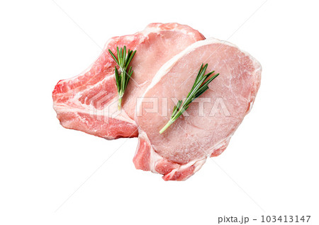Raw pork loin steak. Organic meat. Isolated on white background. 103413147