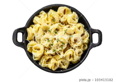 Ravioli pasta with Parmesan cheese in a pan. Italian dumplings. Isolated on white background. 103413182
