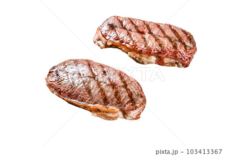 Grilled meat Top Blade steaks in a frying pan. Isolated on white background. 103413367