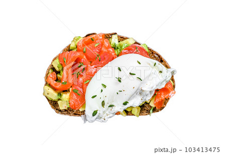 Poached egg on grilled toast with smoked salmon and avocado. Isolated on white background. Poached egg on grilled toast with smoked salmon and avocado. Isolated on white background. 103413475