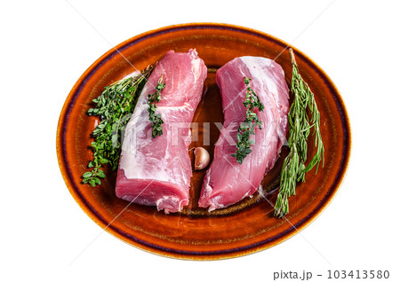 Fresh pork tenderloin meat with rosemary and thyme. Isolated on white background. 103413580