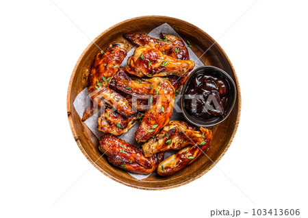 Grilled chicken wings with bbq sauce. Isolated on white background. 103413606