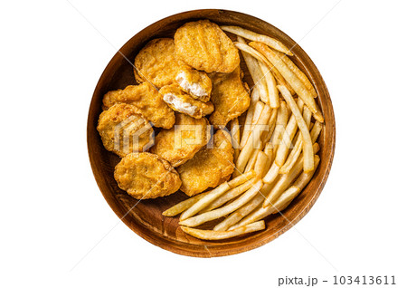 Crispy fried Chicken nuggets with French fries in wooden plate. Isolated on white background. 103413611