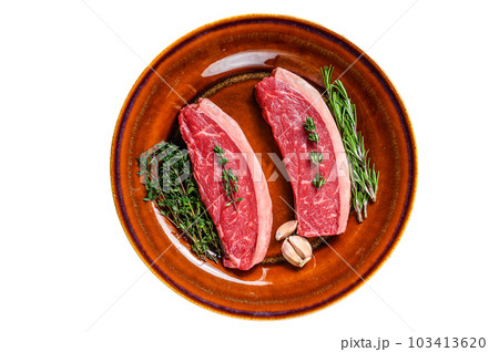Raw cap rump or brazilian picanha beef meat steak. Isolated on white background. 103413620