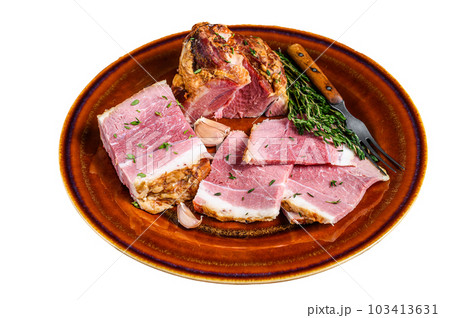 Smoked pork Slab Bacon meat slices on a rustic plate. Isolated on white background. 103413631