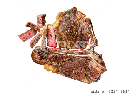 Barbecue Roast porterhouse or t bone beef meat Steak on a rustic plate. Isolated on white background. 103413634