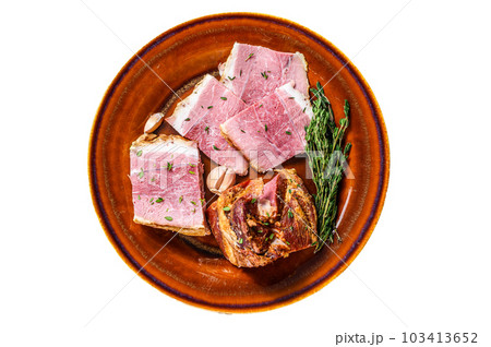 Smoked pork Slab Bacon meat slices on a rustic plate. Isolated on white background. 103413652