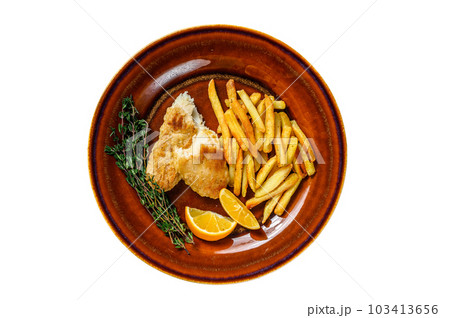Fish and Chips british fast food with french fries and tartar sauce on a rustic plate. Isolated on white background. Fish and Chips british fast food with french fries and tartar sauce on a rustic plate. Isolated on white background. 103413656