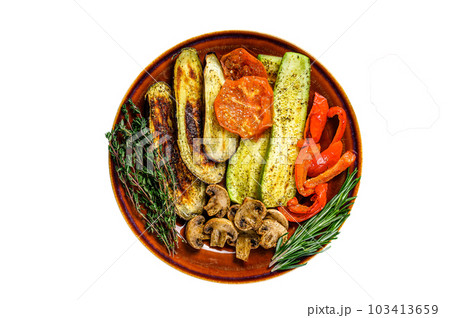Grilled mix vegetables in a rustic plate. Isolated on white background. 103413659
