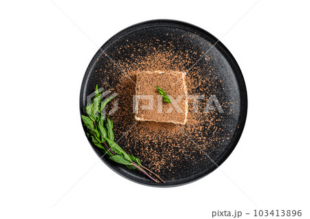 Italian Tiramisu cake with cocoa and mint on a plate. Isolated on white background. Italian Tiramisu cake with cocoa and mint on a plate. Isolated on white background. 103413896