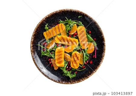Summer Salad with grilled Halloumi cheese, arugula, oranges and pomegranate. Isolated on white background. Summer Salad with grilled Halloumi cheese, arugula, oranges and pomegranate. Isolated on white background. 103413897