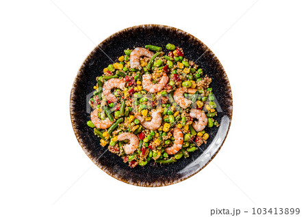 Fresh healthy food - Vegetarian salad with quinoa, vegetables and Shrimps, Prawns. Isolated on white background. Fresh healthy food - Vegetarian salad with quinoa, vegetables and Shrimps, Prawns. Isolated on white background. 103413899