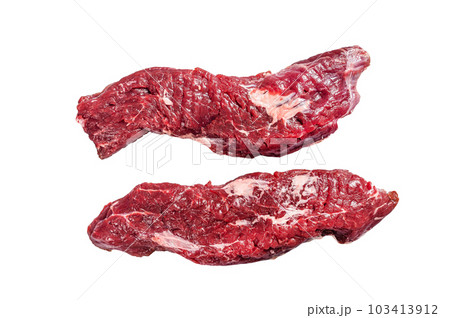Machete steak raw cut or hanging tender cut. Isolated on white background. Machete steak raw cut or hanging tender cut. Isolated on white background. 103413912