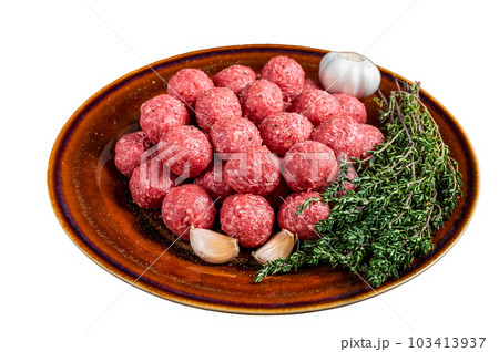 Fresh Raw meatballs from mince beef and pork meat with thyme. Isolated on white background. 103413937