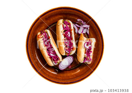 Street food - Vegan hot-dogs with cabbage and meatless sausage. Isolated on white background. Street food - Vegan hot-dogs with cabbage and meatless sausage. Isolated on white background. 103413938