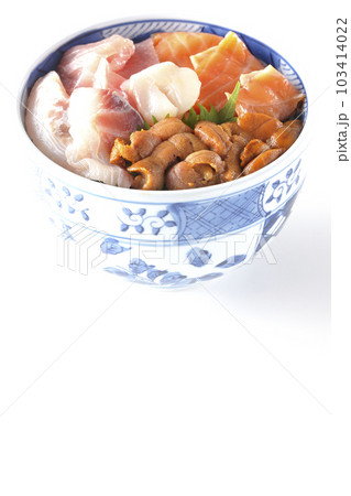 鮪、サーモン、鯛、帆立、ウニの海鮮丼を白背景で撮影 鮪、サーモン、鯛、帆立、ウニの海鮮丼を白背景で撮影 103414022