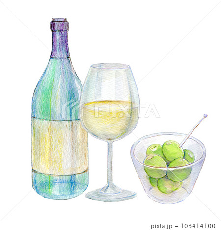ワインとオリーブのセット　水彩イラスト　手描き 103414100