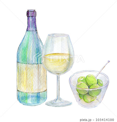 ワインとオリーブのセット 水彩イラスト 手描き ワインとオリーブのセット 水彩イラスト 手描き 103414100
