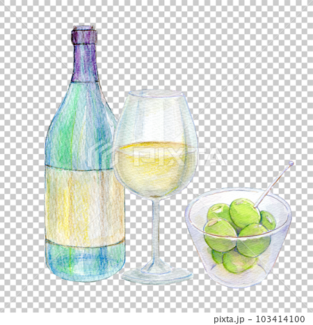 ワインとオリーブのセット　水彩イラスト　手描き 103414100