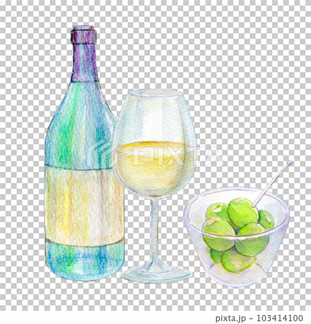 ワインとオリーブのセット 水彩イラスト 手描き ワインとオリーブのセット 水彩イラスト 手描き 103414100