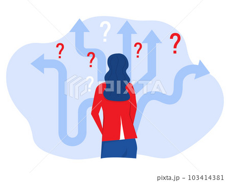 Businesswoman Decision Which Way at arrows pointing to many directions. vector illustration. 103414381