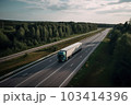 A semi truck drives along the highway during sunset, carrying vital freight to businesses and consumers, highlighting the crucial role of logistics in our daily lives. Generative AI. 103414396