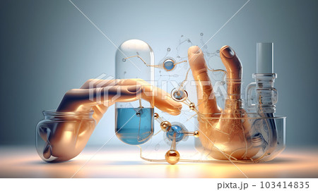 Glass flask with plastic hand for test in research chemistry science laboratory room, Generative AI illustration 103414835