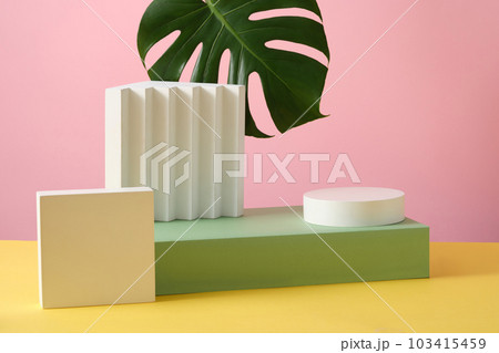 Rectangle podium with a round podium stacked on and a square podium beside. Minimal scene with geometric podium platform 103415459
