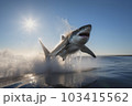 A shark jumping out of the water creates a thrilling image of danger and adrenaline. This action shot in sepia tone is perfect for adventure and tourism themes. AI Generative. 103415562