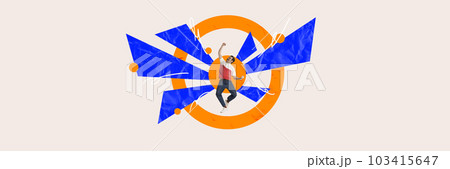 Contemporary art collage with happy man, office worker jumping and rejoices to successful business plan over light background with abstraction. Concept of success, progress 103415647