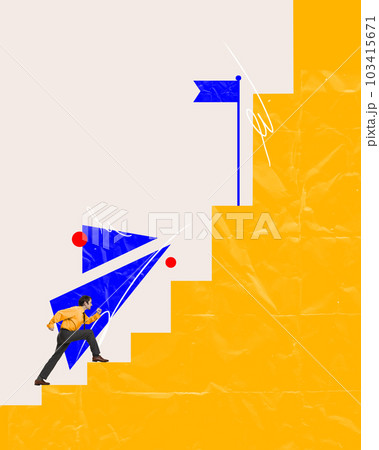 Contemporary art collage with hardworking office worker, project manager climbing stairs and career ladder over a light background. Concept of achievements, motivation 103415671