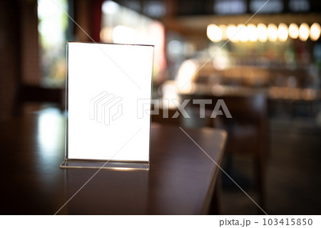 Stand display mockup Menu frame tent card blurred background design key visual layout in cafe space for text promotion to business advertising 103415850