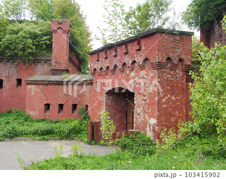 Old forts, walls of fortifications in the park areas of old Konigsberg. The concept of historical, pilgrimage and photo tourism. 103415902