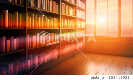 図書館の本棚と窓から差し込む夕日「AI生成画像」 103415921