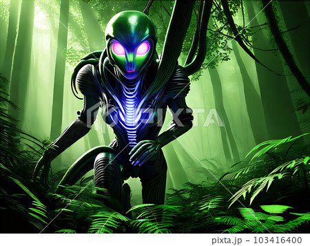 Alien jungle in 3D duotone forest. 103416400