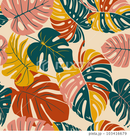 Monstera leaf tropical seamless pattern, hand drawn botanical, spring and Summer time, green style, natural ornaments for textile, fabric, wallpaper, background. Monstera leaf tropical seamless pattern, hand drawn botanical, spring and Summer time, green style, natural ornaments for textile, fabric, wallpaper, background. 103416679
