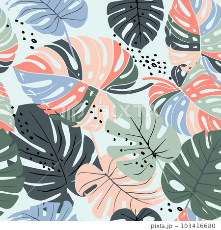 Monstera leaf tropical seamless pattern, hand drawn botanical, spring and Summer time, green style, natural ornaments for textile, fabric, wallpaper, background. 103416680