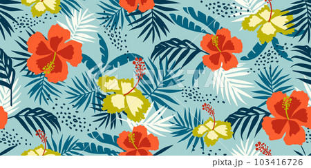 Tropical flower pattern seamless, silhouette of blooming, hand drawn botanical, Floral leaf for spring and Summer time, natural ornaments for textile, fabric, wallpaper, background design. 103416726
