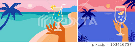 Summer beach party modern flat flyer design templates. Hands holding cocktail and wine glasses on Summer beach party modern flat flyer design templates. Hands holding cocktail and wine glasses on 103416757