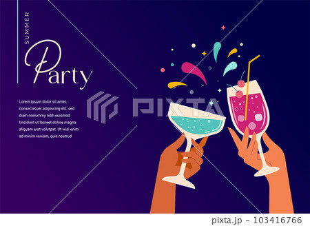 Summer party template design. Hands holding cocktail and wine glasses. Anniversary, birthday 103416766