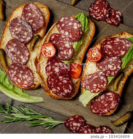 Toast with dried sausage lettuce on a dark wooden background, rustic style. 103416809